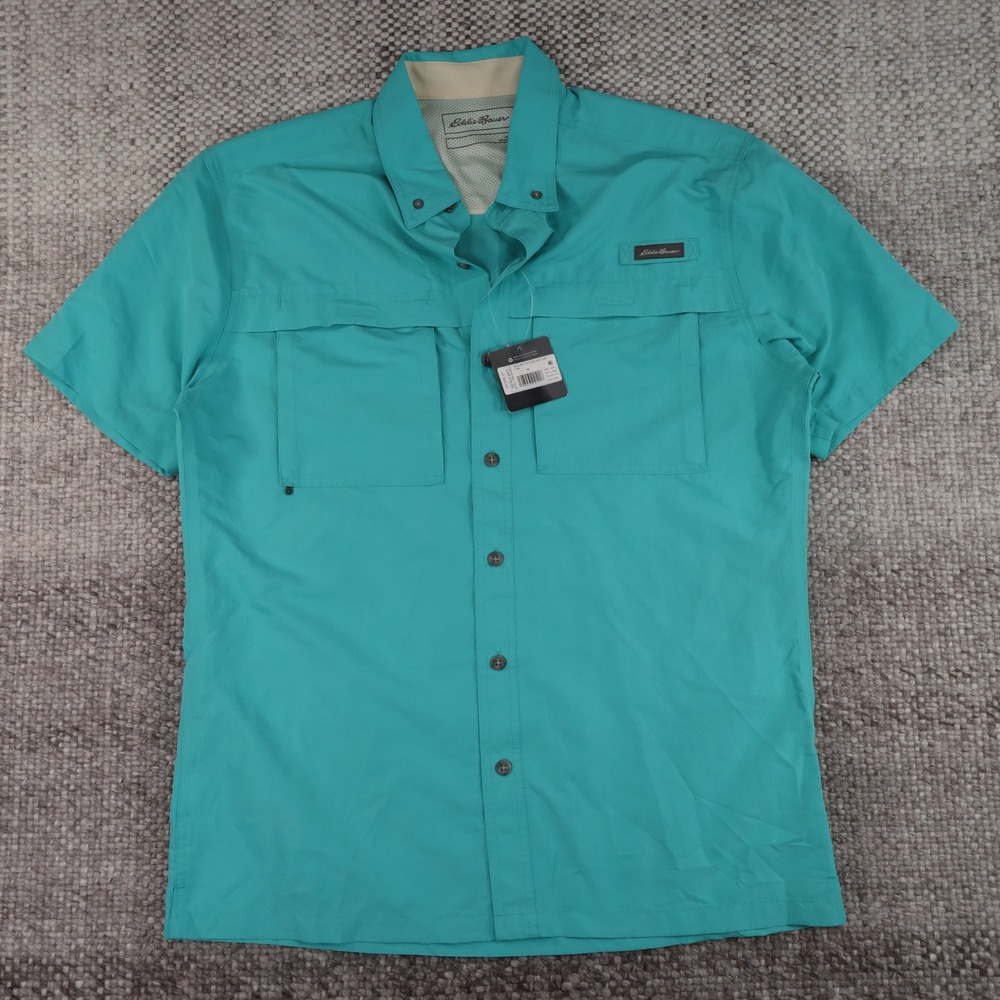 Eddie Bauer Guide Ripstop Shirt Mens M Turquoise New Short Sleeve UPF 50+ Vented
